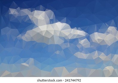 Abstract drawing azure blue sky with white clouds created from triangles