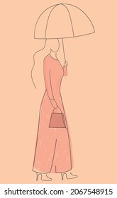 Abstract drawing of a beautiful girl walking under an umbrella with a handbag drawn in one line. Portrait of a woman on a beige background with a grunge texture. Modern minimalistic style.