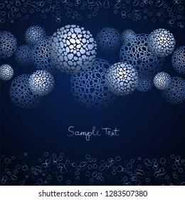 Abstract drawing: brilliant mystical spheres, chaotic drops on a dark background. Imitation of gloss of metal. Light and volume. The place for the text. Vector illustration.