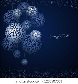 Abstract drawing: brilliant mystical spheres, chaotic drops on a dark background. Imitation of gloss of metal. Light and volume. The place for the text. Vector illustration.