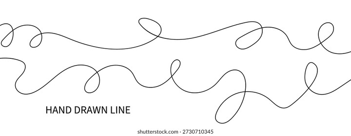 Cable de dibujo Abstractas con una línea curvada y delgada de garabato e ilustración de bucle de Anuncio largo y ondulado. Alambre a mano alzada y elemento de bucle para decoración o como gráfico divisor, utilizando un simple negro, rizado.
