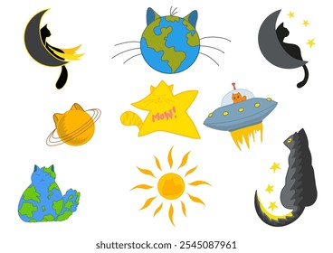 abstract drawing of cats in space style, cats in the form of planets, astronauts