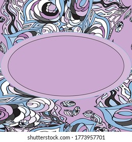 Abstract drawing clipart, oval frame wreath with abstract pattern, purple ornament clipart for printing cards, greetings, invitations