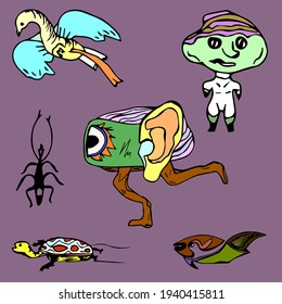 Abstract drawing comic aliens for stickers set