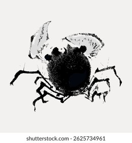 Abstract drawing of a crab with a round body and spindly legs. The crab is sketched in black and white, creating a minimalist and artistic feel. Vintage animal illustration vector.