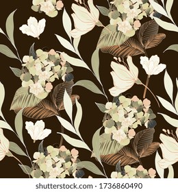 Abstract drawing of cream flowers and leaves on a brown color background. Seamless vector floral pattern. Simple square repeating design for fabric and wallpaper.