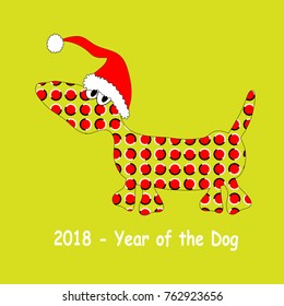 Abstract drawing of a dog in Santa hat and elements of optical illusion. Chinese and New Year card with symbol of 2018 and greeting text. Can be used for creation of a greeting card with other text.