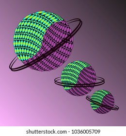 abstract drawing drawn in the style of zen art, three planets with rings, space drawing with elements of doodle