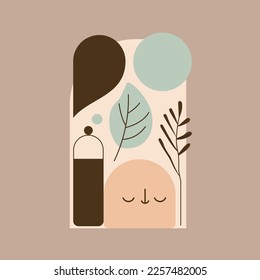 Abstract drawing with a face with closed eyes, leaves and a flask in a flat cartoon style. Simple drawing shapes. Minimalistic style.