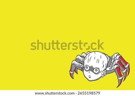 Abstract drawing features a hybrid character combining human and spider elements, displayed against a bold yellow background. The intricate artistic style emphasizes creativity.