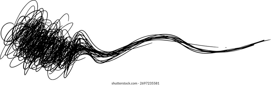 Abstract drawing featuring a dense cluster of lines transitioning into a flowing, wave-like pattern.