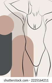 Abstract drawing with a female face, silhouette, elements of simple geometric shapes, in a linear drawing. Abstract. A woman's body.