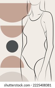 Abstract drawing with a female face, silhouette, elements of simple geometric shapes, in a linear drawing. Abstract. A woman's body.
