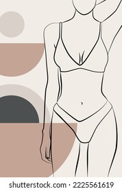 Abstract drawing with a female face, silhouette, elements of simple geometric shapes, in a linear drawing. Abstract. A woman's body.
