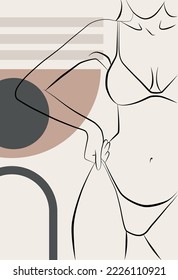 Abstract drawing with a female face, silhouette, elements of simple geometric shapes, in a linear drawing. Abstract. A woman's body.