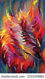 Abstract drawing of firebird feather on a dark background. Fiery wing flap, fire, whirlwind. Bright yellow, orange and red colors of chaos, war and rebirth. Background for postcard, invitation design.