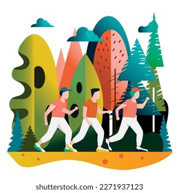 Abstract drawing with flat design of three people doing sports activities outdoors. Three runners exercising in the middle of the forest.