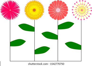 Abstract drawing floral , blooming flowers pink , yellow , red color and green leaves on white