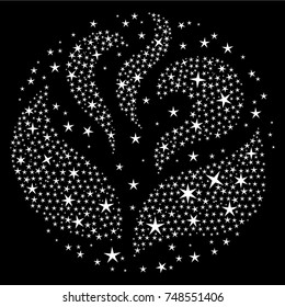 Abstract drawing in the form of flame tongues from the stars. Vector white isolated image on a black background.
