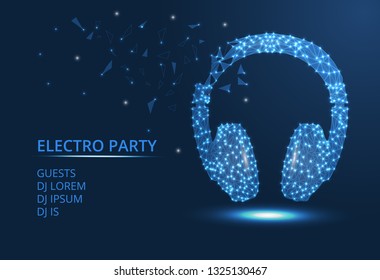 Abstract drawing in the form of wireless headphones, musical instrument design concept blue color illustration. Headphones in the form of lines and points, broken triangles, in the form of glass fragm