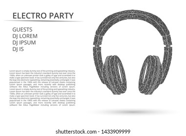 Abstract drawing in the form of wireless headphones, a musical instrument design idea gray color illustration. Headphones in the form of lines and points, broken triangles or in the form of glass frag