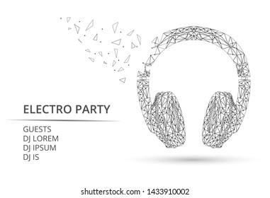 Abstract drawing in the form of wireless headphones, a musical instrument design idea gray color illustration. Headphones in the form of lines and points, broken triangles or in the form of glass frag