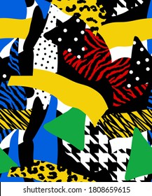 Abstract Drawing Geometric Patchwork with Zebra Leopard Animal Skin Hounds Tooth Shapes Repeating Vector Pattern Colorful Background