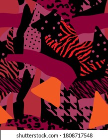 Abstract Drawing Geometric Patchwork with Zebra Leopard Animal Skin Hounds Tooth Shapes Repeating Vector Pattern Colorful Background