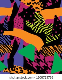 Abstract Drawing Geometric Patchwork with Zebra Leopard Animal Skin Hounds Tooth Shapes Repeating Vector Pattern Colorful Background