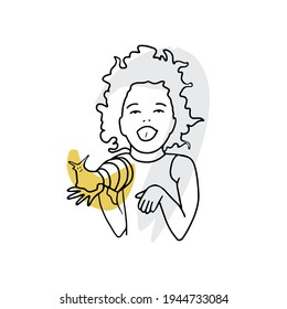 Abstract drawing of a girl laughing cheerfully, holding a snail on her hand, carefree happy childhood, fun.