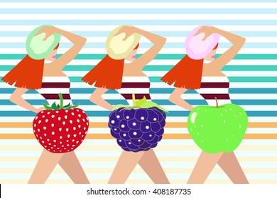 Abstract drawing of girls (models) on the beach in striped bikini and fruits (apple, blackberry, strawberry, apple), fashion, leisure, beauty, diet, summer, color vector prints