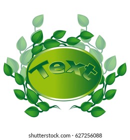 Abstract drawing of green leaves and frame with inscription