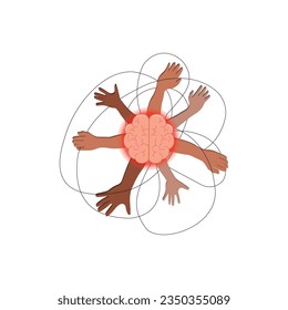 Un dibujo abstracto de una mano del cerebro para alcanzar algo, un anhelo de conocimiento, un deseo de obtener algo, las manos rayando en la información. archivo vectorial. Ilustrador gráfico