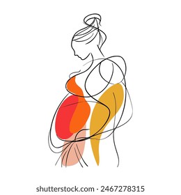 Abstract drawing of happy pregnant woman in minimalist hand drawn line art vector design