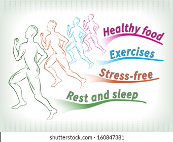 Abstract drawing of healthy lifestyle factors. Four runners have branches with requirements for healthy life.