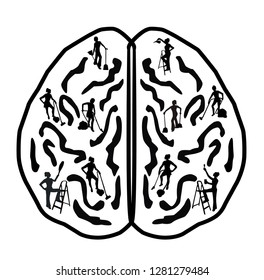 abstract drawing of a human brain and silhouettes of girls cleaning the brain