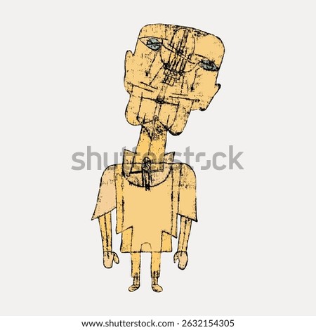 Abstract drawing of a humanoid figure with a long neck and angular features, wearing a simple outfit. The sketch is rough and cartoonish, with a whimsical style. Vintage art illustration vector.