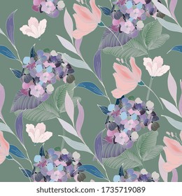 Abstract drawing of lilac flowers and leaves on a sage grey color background. Seamless vector floral pattern. Simple square repeating design for fabric and wallpaper.