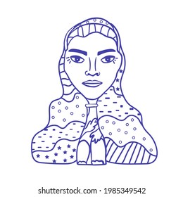 Abstract drawing line art. A woman sitting inside a bottle. The concept of a complex relationship, the suppression of personality. Female alcoholism. Unhappy person with psychological problems.vector