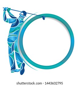 Abstract drawing of man playing golf with a golf club in hands formed by pieces of blue, turquoise and light blue on the left side of a round frame with white background. Vector image
