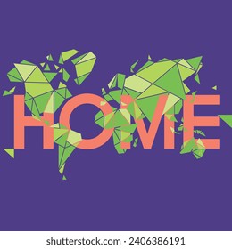 Abstrakte Zeichnung. Eine Karte unseres Planeten aus Dreiecken, die mit der Inschrift HOME verflochten sind.