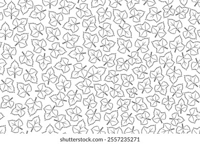 Abstract drawing of maple leaves black outline doodle seamless pattern, on white background.