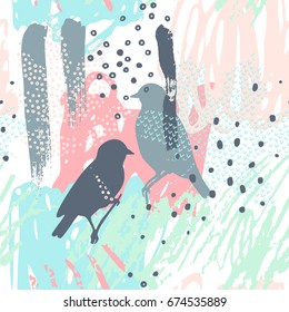 Abstract drawing. Modern vector illustration with dotted leaves, pair of birds silhouette, scrabbles, grunge textures, rough brush strokes, doodles. Creative seamless pattern with hand drawn shapes