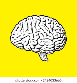 Abstract drawing of monochrome cartoony brain vector illustration isolated on yellow background