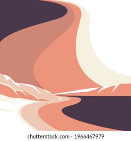 Abstract drawing. Mountains, river, beach. Vector illustration.