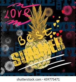 Abstract drawing on a t-shirt. Background pineapple and creative design for girls and men. Fashion illustration of a figure in the art Nouveau style for clothes. print pineapple,summer,love
