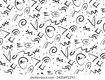 Abstract drawing on the white board seamless pattern. Unique concept of fashion pattern for printing. Monochrome textile fabric design motif