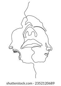 Abstract Drawing of One Face with Closed Eyes with Two Different Sides where One Side Is Calm and the Other Side is Screaming with Open Mouth in Minimal One Line Art Drawing