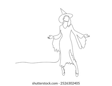 Desenho abstrato com uma única linha de uma bruxa em um chapéu assombrado para Halloween. Uma pintura de um personagem mágico para o feriado de Halloween de outono. Vetor feito à mão não AI.