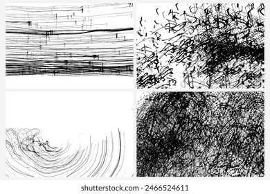 Abstract drawing pattern set. Scribbled hand drawn backgrounds. Organic grunge textured overlapping wavy shapes and lines. Striped flat swatch. Speeding drunk party vision. Vector.